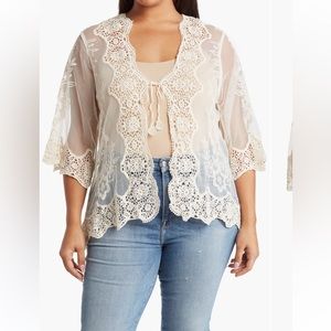 Forgotten Grace Tie Front Crochet Lace Trim Top